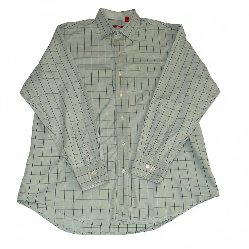 Izod Button Up Shirt Men's Size Large Light Green Navy Blue Checkered Office